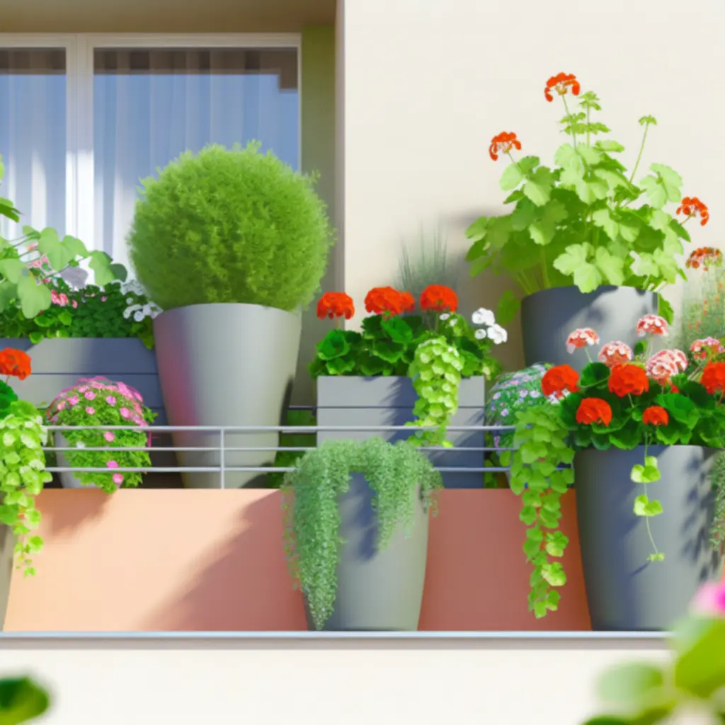 Kültéri konténer kerti elrendezés erkélyen, virágokkal megtöltve