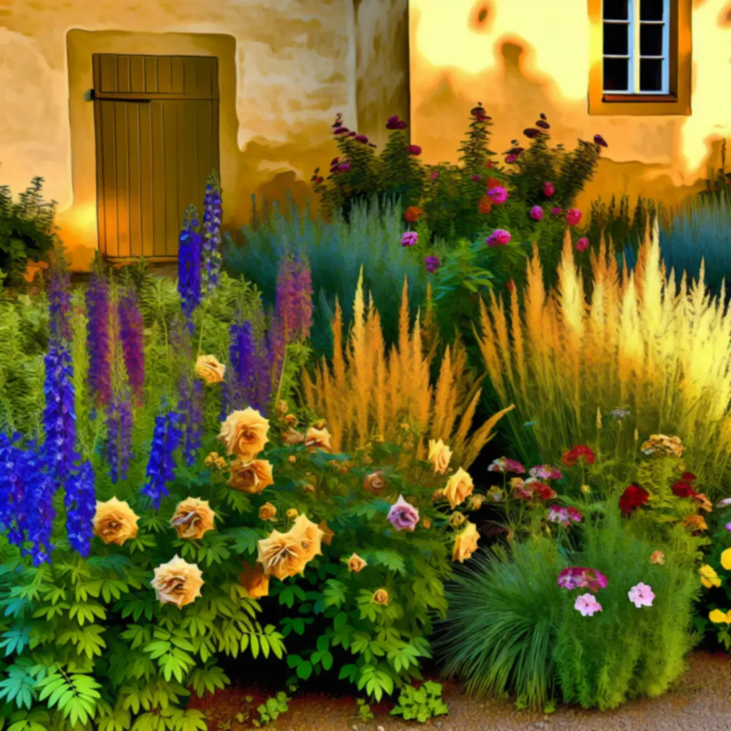 Buja kerti növénykiállítás zöld lombozattal és virágzó évelőkkel