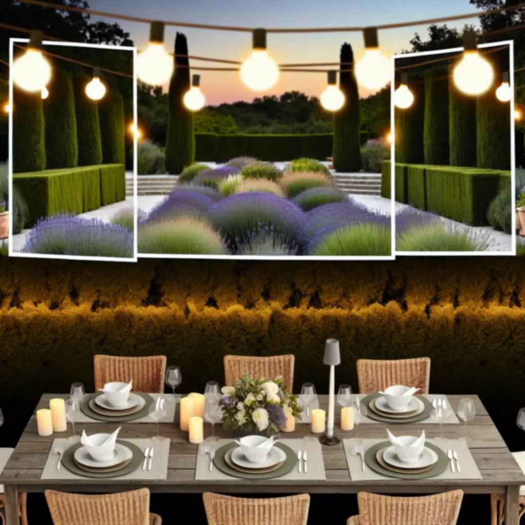 Elegáns szabadtéri étkezőhely esti megvilágításban, növényekkel körülvéve