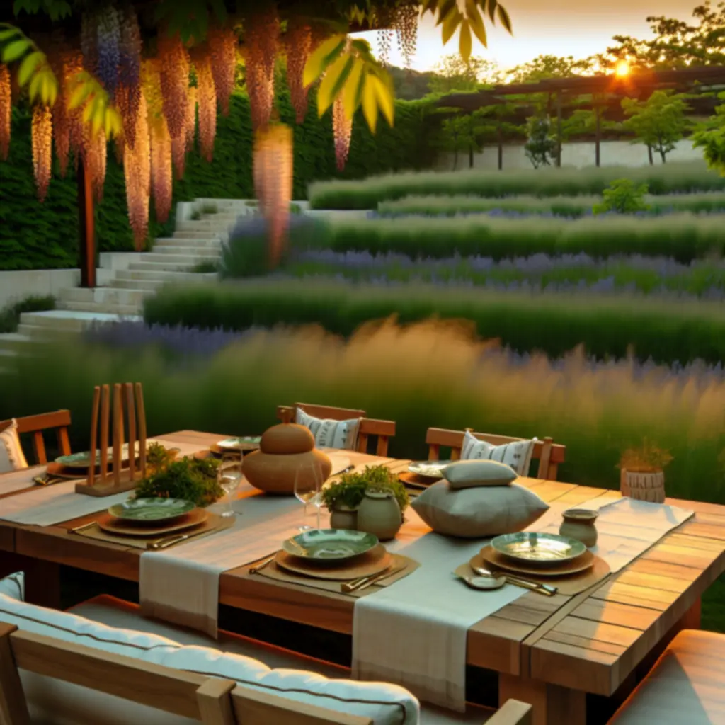 Elegáns kültéri étkezőszett teraszön, természetes fényen