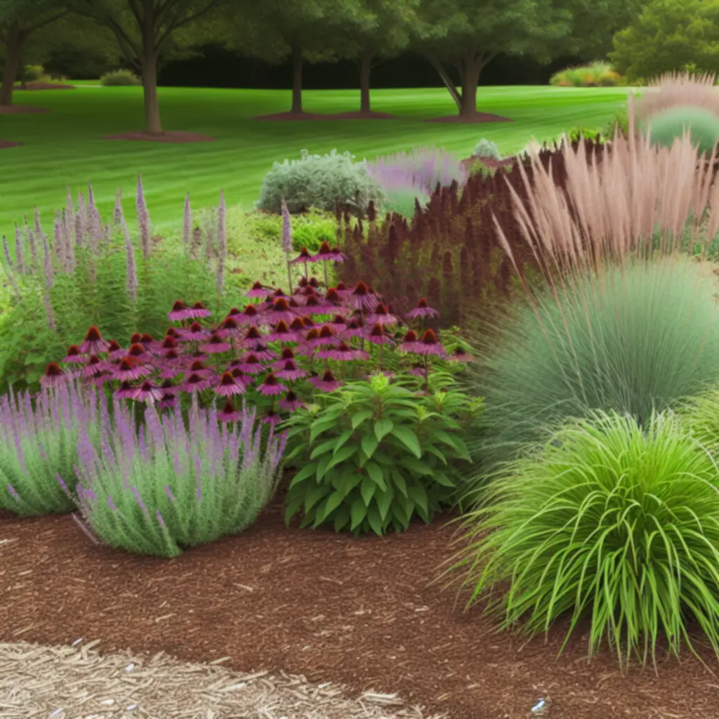 Évelő növényekből álló kerti szegély kasvirágokkal és díszfűvekkel