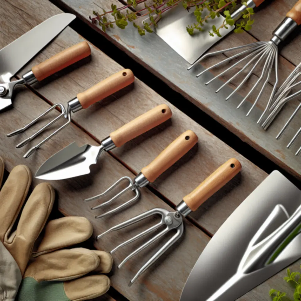 Szezonális kerti szerszámok karbantartásra rendezve