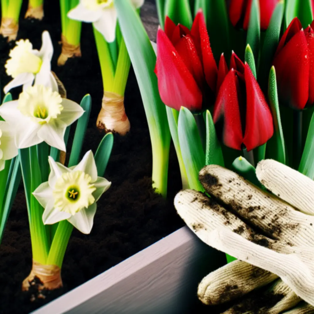Tavaszi hagymás virágok: tulipánok és nárciszok virágzó ágyása