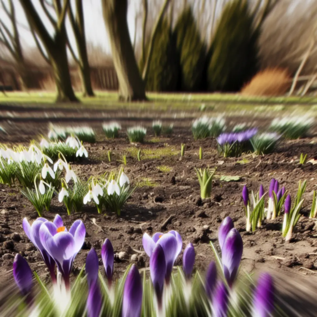 Tavaszi kert ébredése korai virágzó hagymákkal és friss zöld hajtásokkal