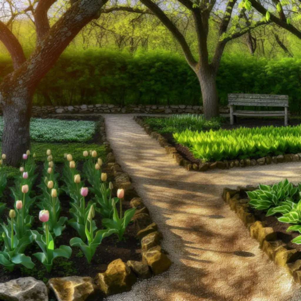 Tavaszi kerti ösvény hóvirágokkal és zöld növényzettel