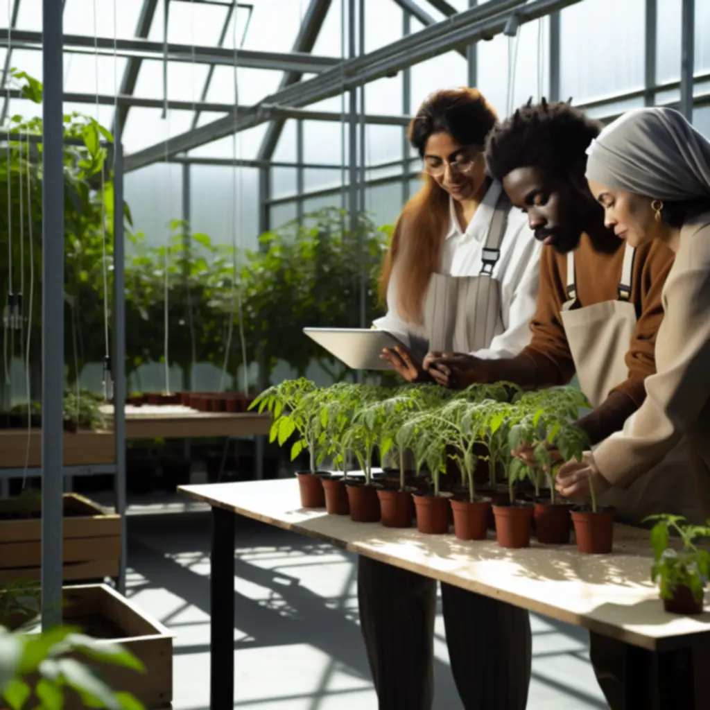 Kertészeti szakértők konzultálnak egy üvegházban